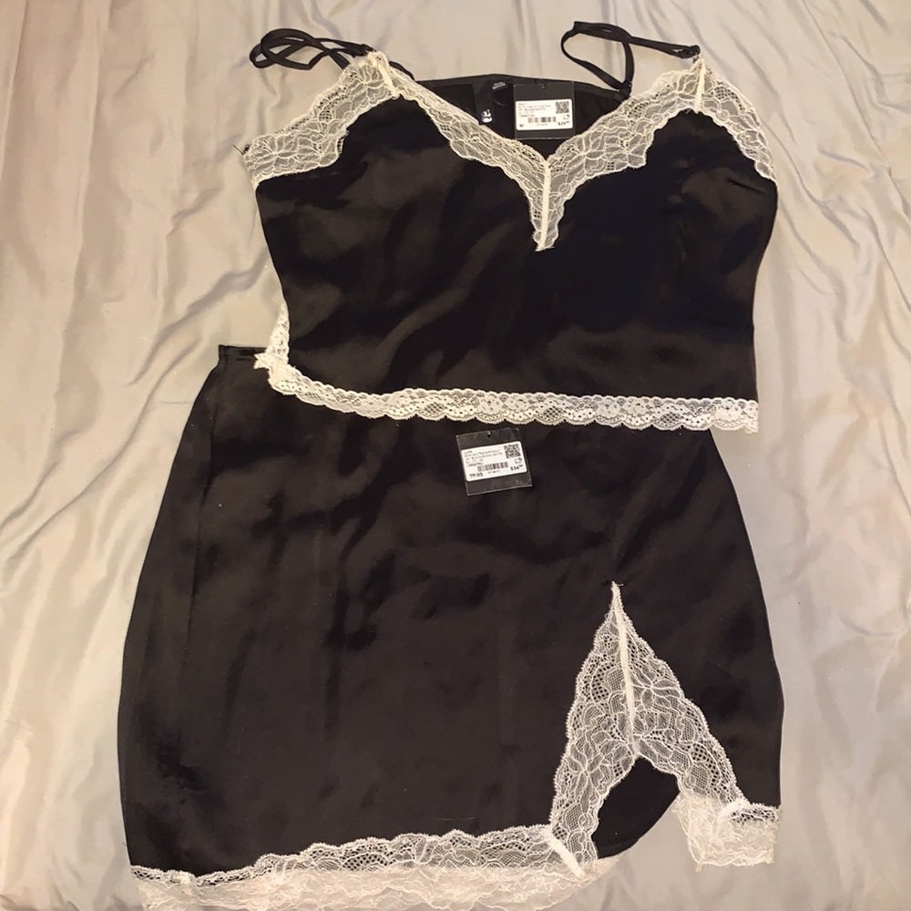 Satin Lace Trim Skirt and Cami lingerine set